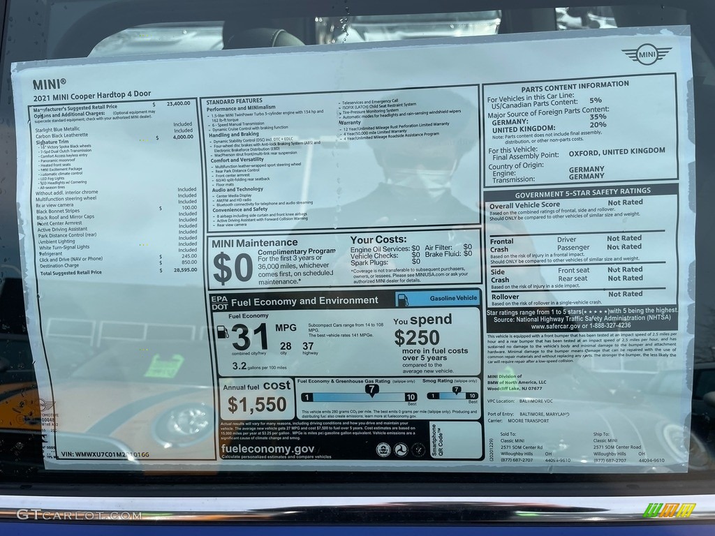 2021 Hardtop Cooper 4 Door - Starlight Blue Metallic / Carbon Black photo #6
