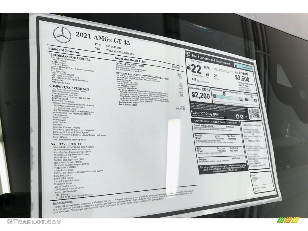 2021 Mercedes-Benz AMG GT 43 Window Sticker Photo #140817620