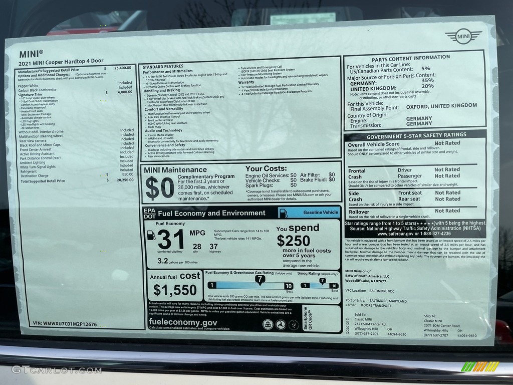 2021 Mini Hardtop Cooper 4 Door Window Sticker Photo #140817635