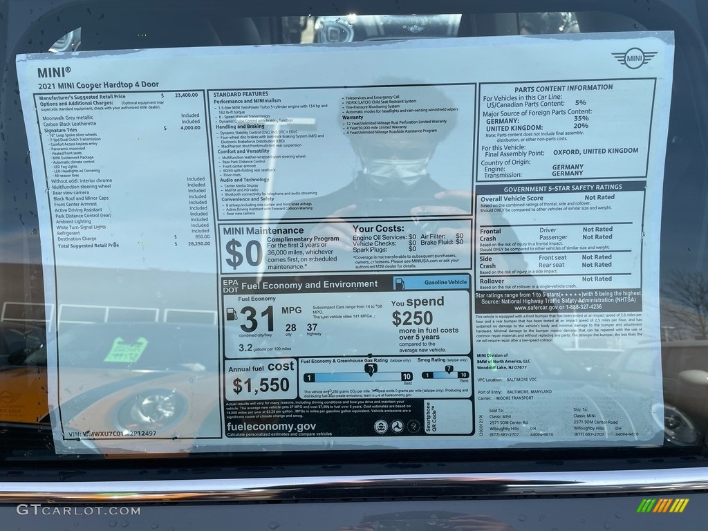 2021 Mini Hardtop Cooper 4 Door Window Sticker Photo #140817811