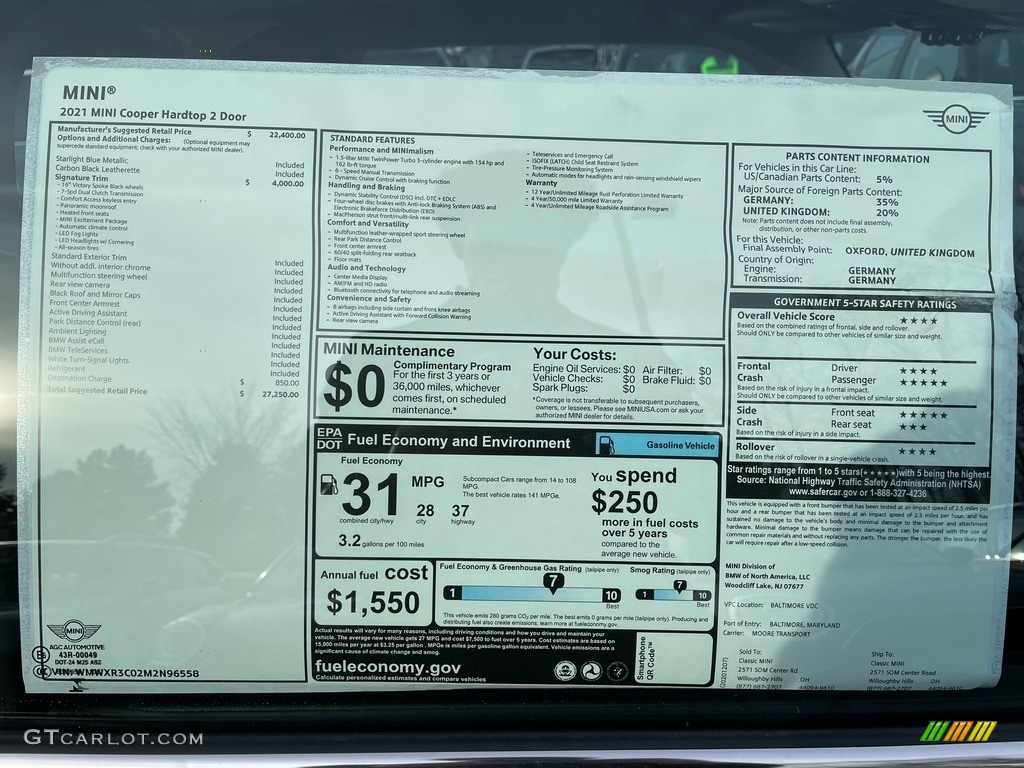 2021 Mini Hardtop Cooper 2 Door Window Sticker Photo #140818412