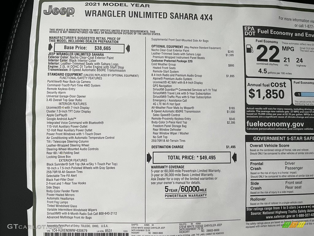 2021 Jeep Wrangler Unlimited Sahara 4x4 Window Sticker Photo #140827677