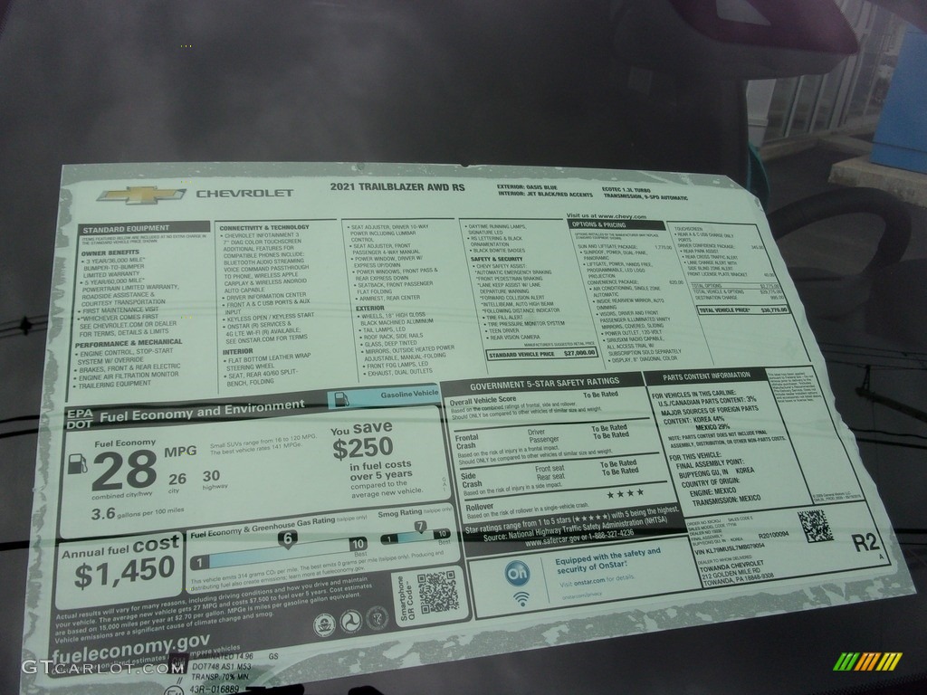 2021 Chevrolet Trailblazer RS AWD Window Sticker Photo #140830731