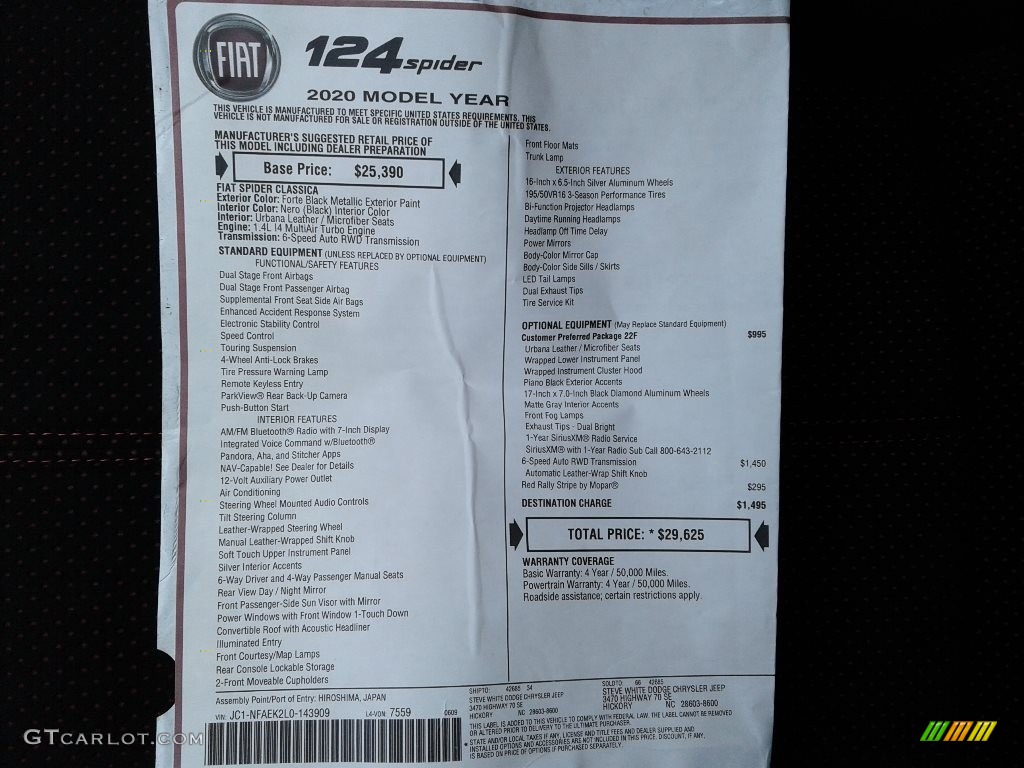 2020 Fiat 124 Spider Classica Roadster Urbana Edition Window Sticker Photo #140836160