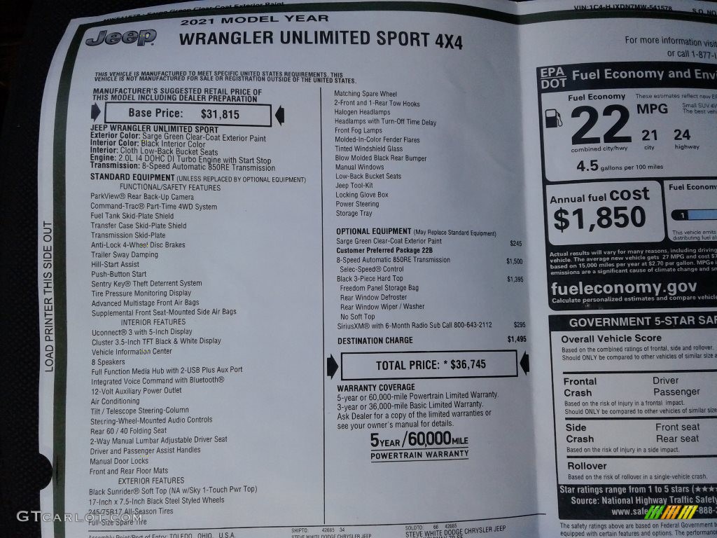 2021 Jeep Wrangler Unlimited Sport 4x4 Window Sticker Photo #140844711
