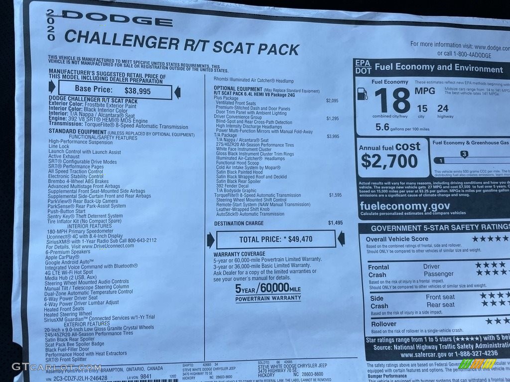 2020 Dodge Challenger R/T Scat Pack Window Sticker Photos
