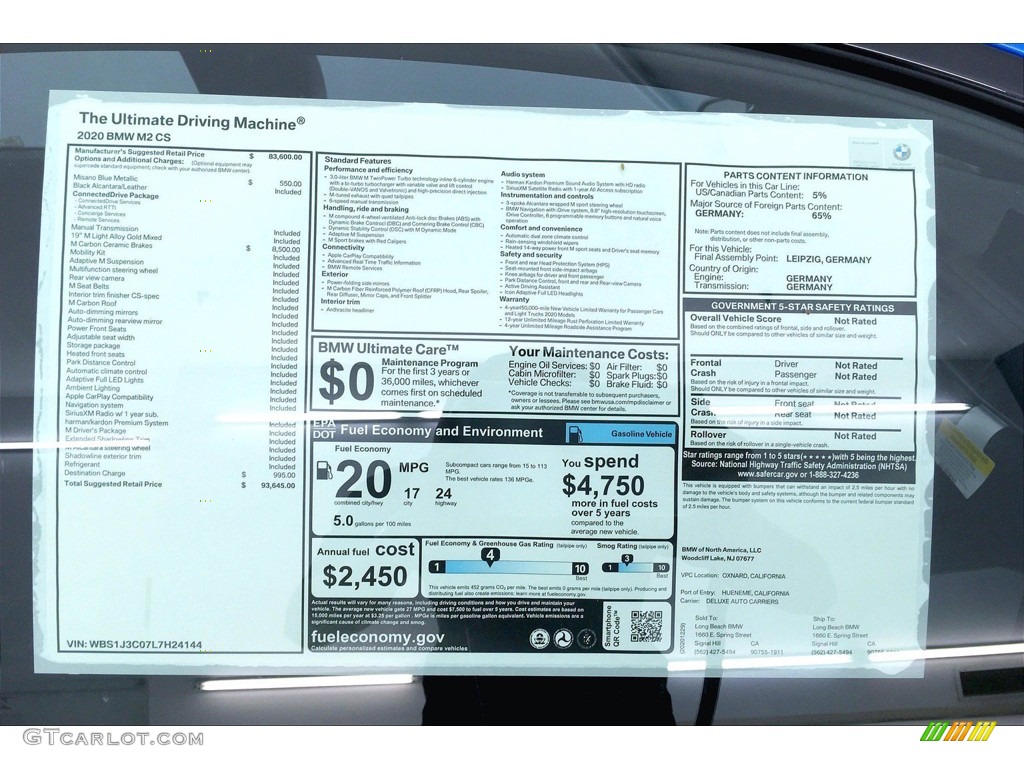 2020 BMW M2 Competition Coupe Window Sticker Photos