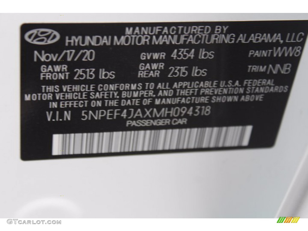 2021 Sonata Color Code WW8 for Quartz White Photo #140853001