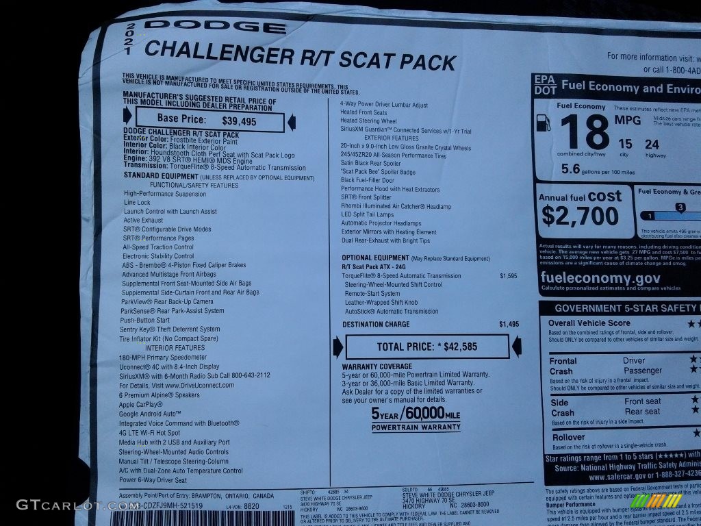2021 Dodge Challenger R/T Scat Pack Window Sticker Photo #140868500
