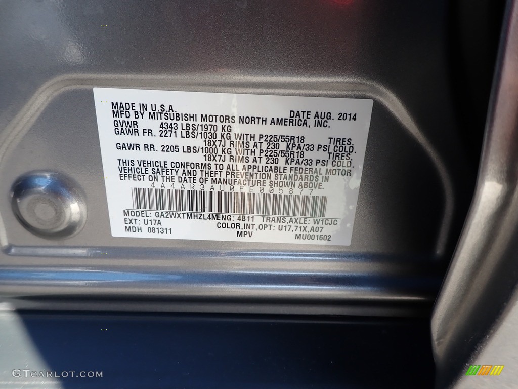 2015 Outlander Sport Color Code U17 for Mercury Gray Photo #140876239