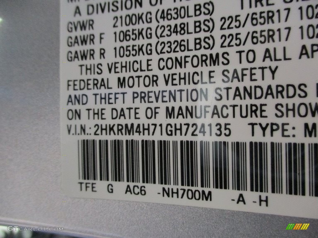 2016 CR-V Color Code NH700M for Alabaster Silver Metallic Photo #140888629