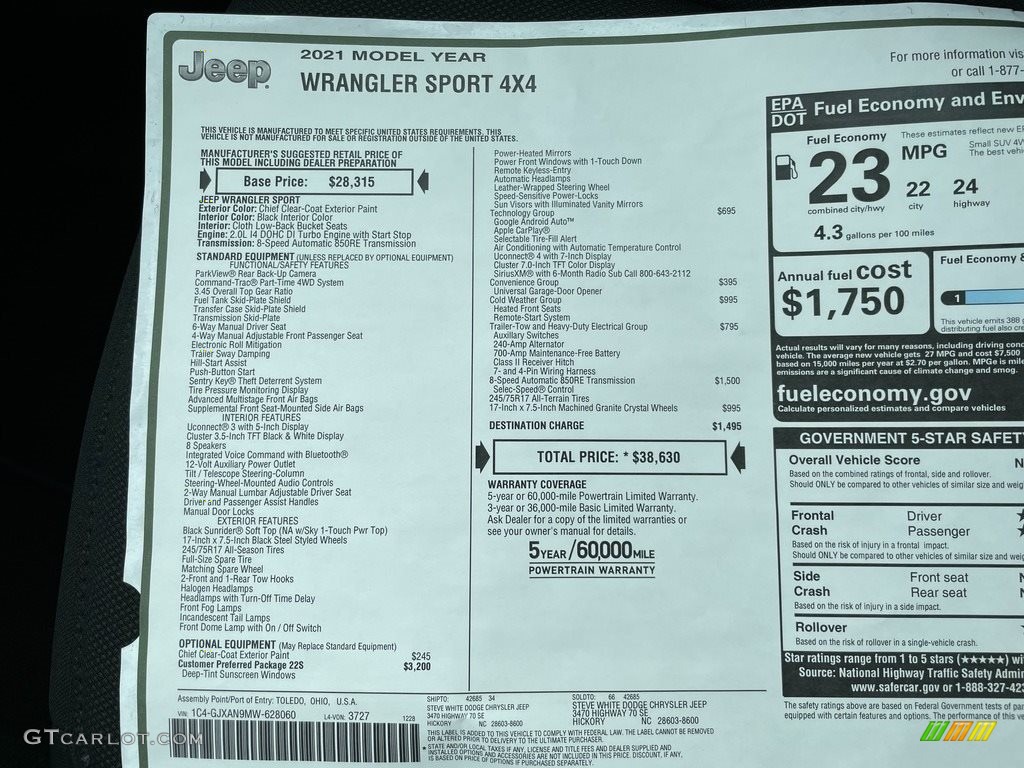 2021 Jeep Wrangler Sport 4x4 Window Sticker Photo #140896537