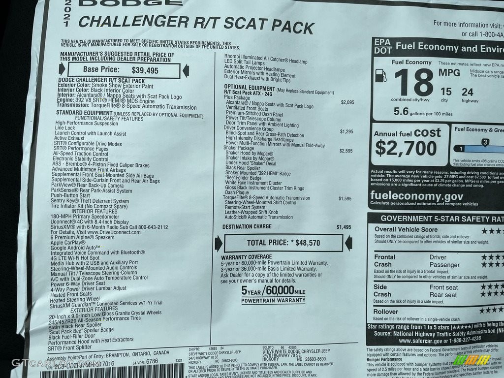 2021 Dodge Challenger R/T Scat Pack Shaker Window Sticker Photo #140897272