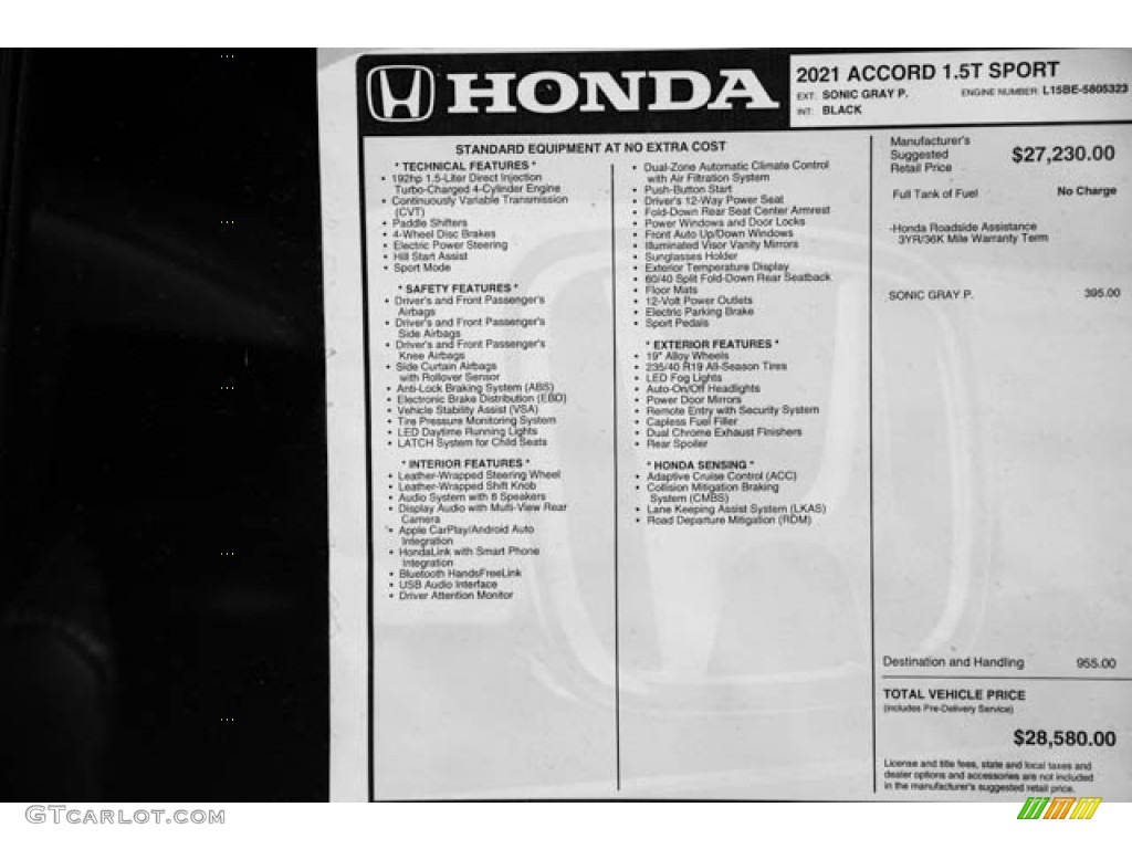 2021 Accord Sport - Sonic Gray Pearl / Black photo #37