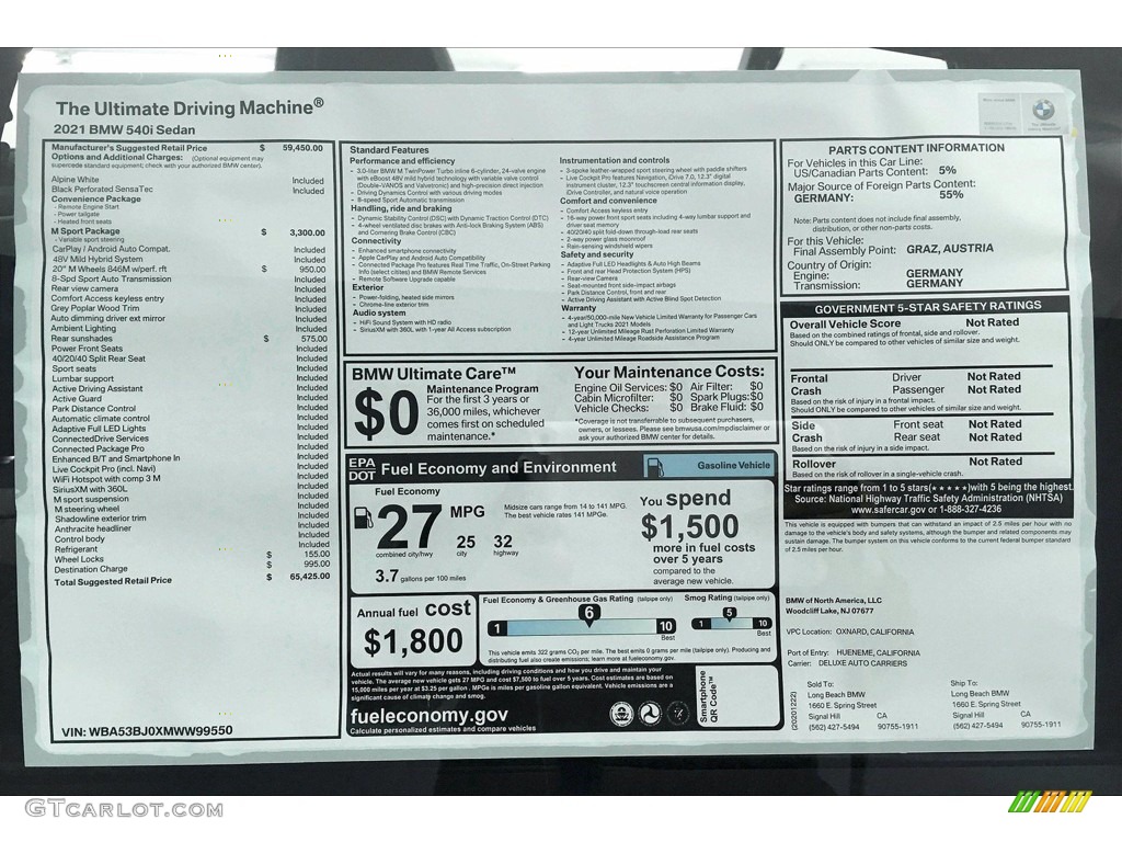 2021 5 Series 540i Sedan - Alpine White / Black photo #12