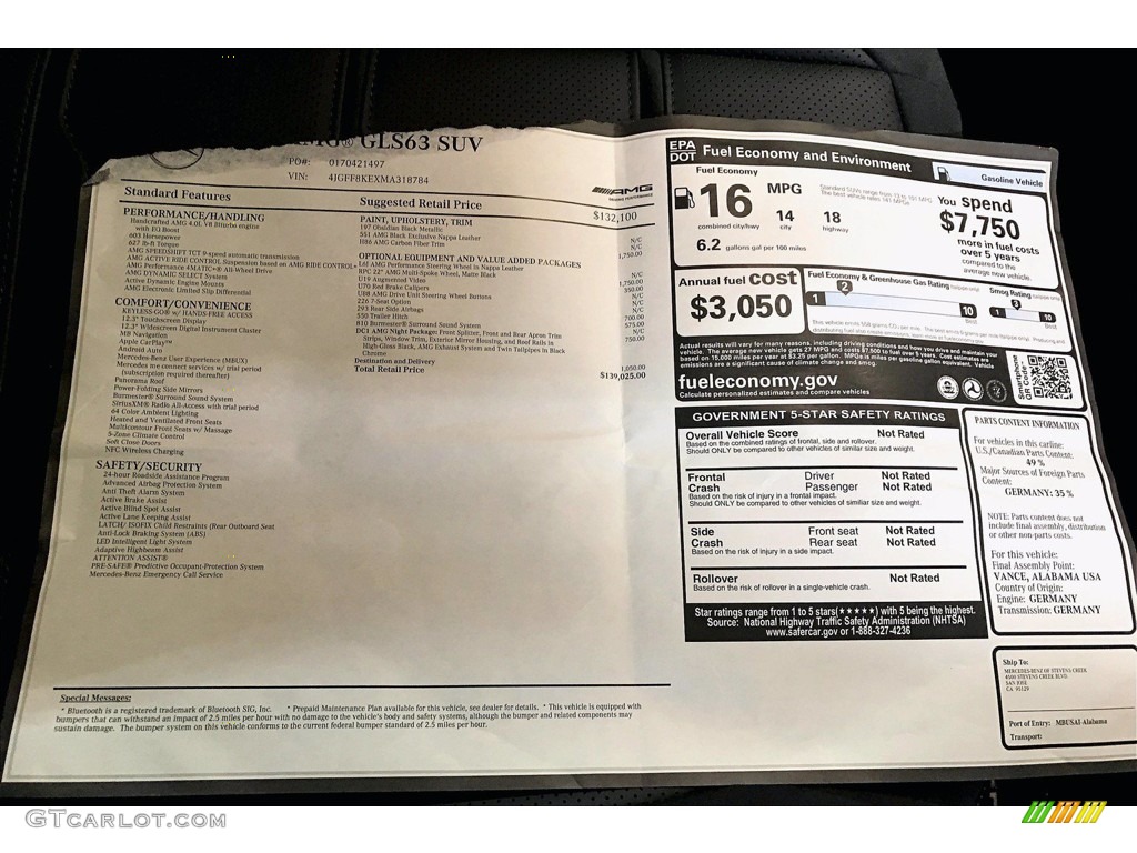 2021 Mercedes-Benz GLS 63 AMG 4Matic Window Sticker Photo #140917400