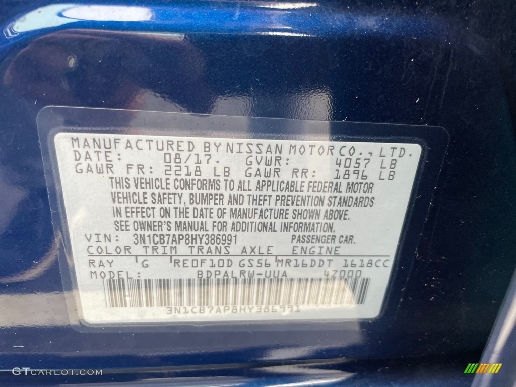 2017 Sentra Color Code RAY for Deep Blue Pearl Photo #140922841