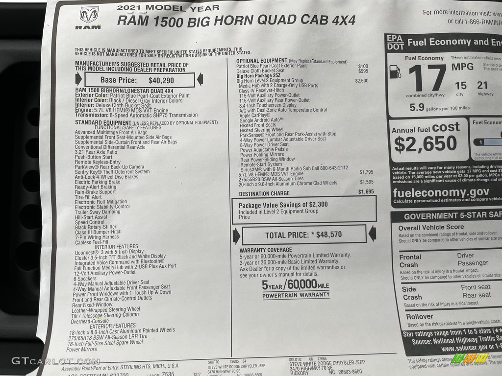 2021 Ram 1500 Big Horn Quad Cab 4x4 Window Sticker Photo #140926016