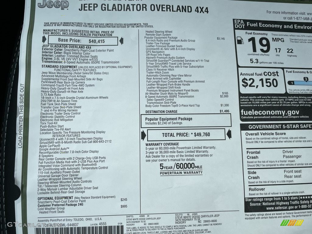 2021 Jeep Gladiator Overland 4x4 Window Sticker Photo #140933967