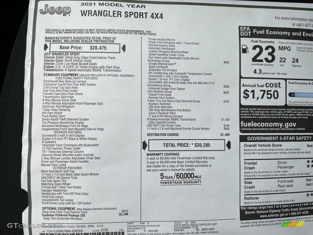 2021 Wrangler Sport 4x4 - Sting-Gray / Black photo #27