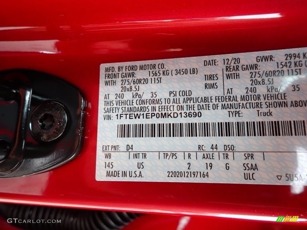 2021 F150 Color Code D4 for Rapid Red Photo #140937090