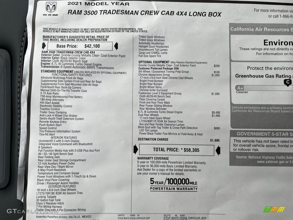 2021 Ram 3500 Tradesman Crew Cab 4x4 Window Sticker Photo #140937861