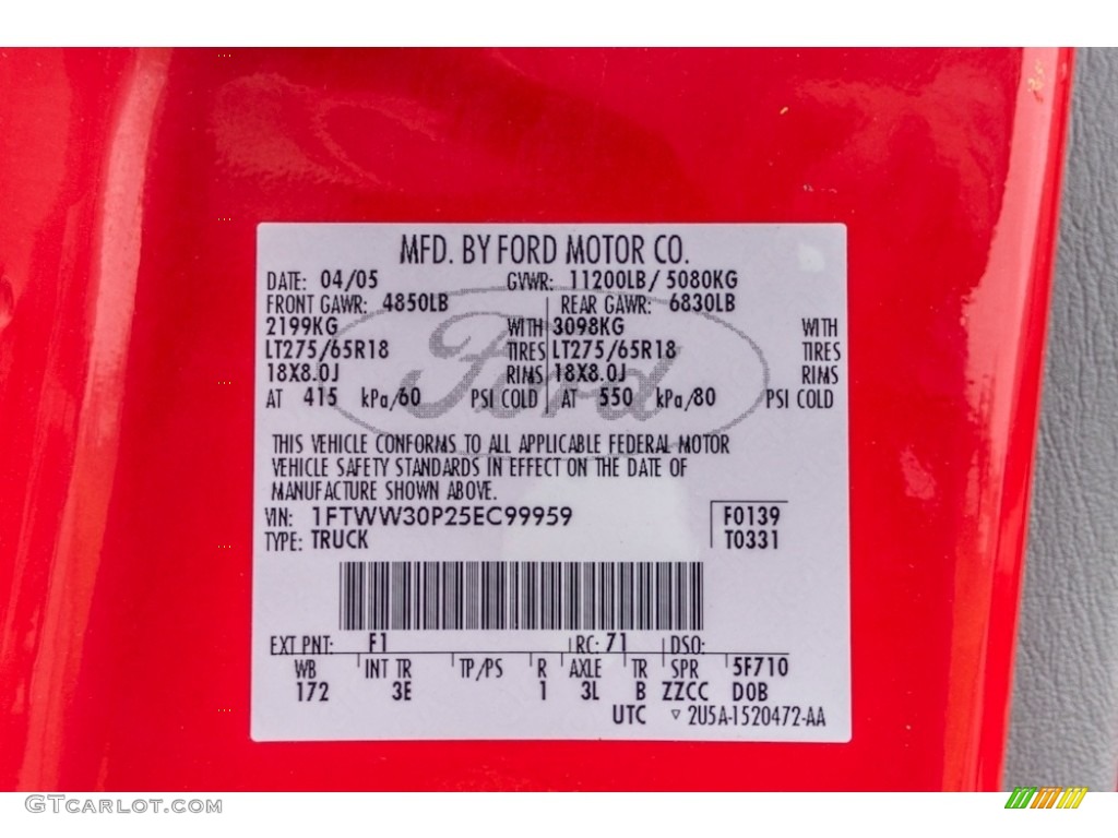 2005 F350 Super Duty Color Code F1 for Red Photo #140940345