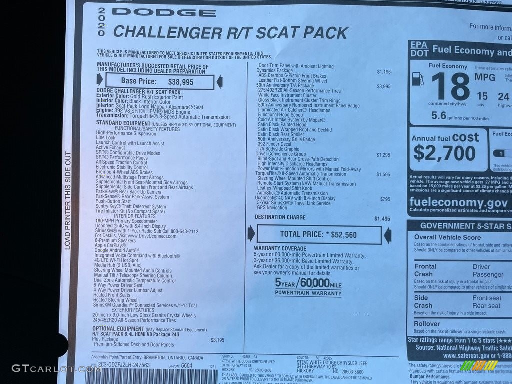 2020 Dodge Challenger R/T Scat Pack 50th Anniversary Edition Window Sticker Photos