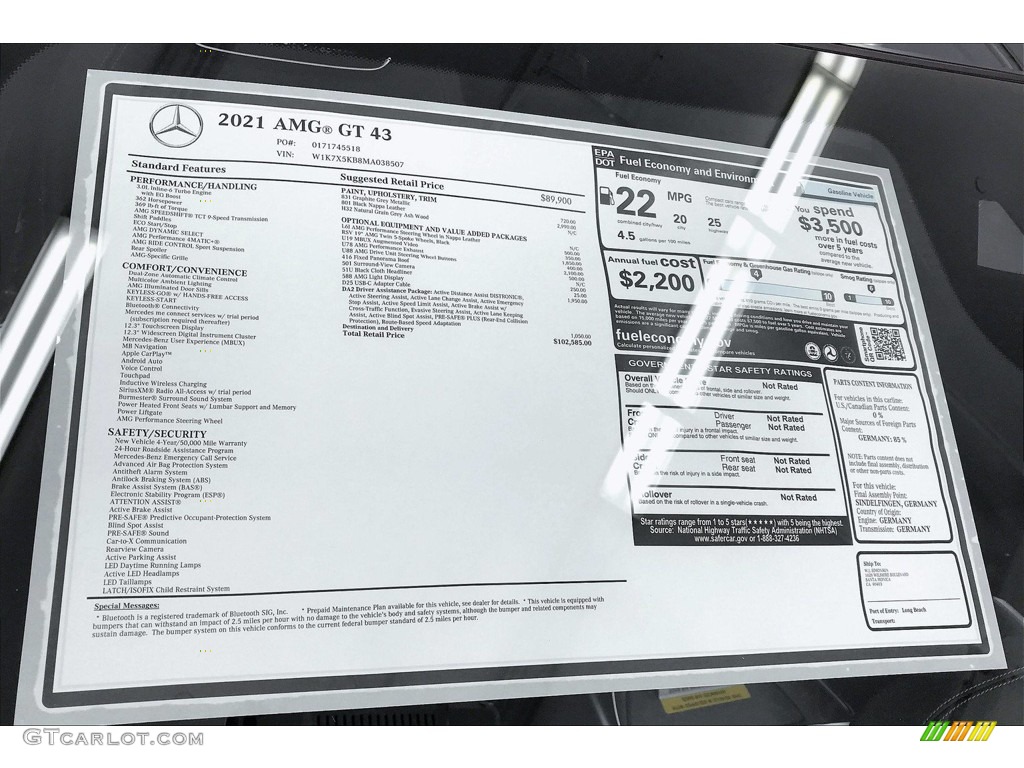 2021 Mercedes-Benz AMG GT 43 Window Sticker Photo #140948116