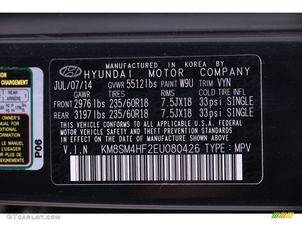 2014 Hyundai Santa Fe GLS Color Code Photos