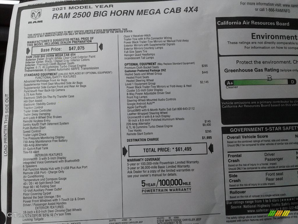 2021 Ram 2500 Big Horn Mega Cab 4x4 Window Sticker Photos