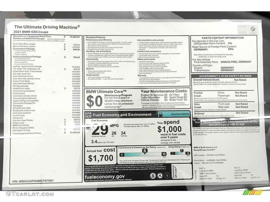 2021 BMW 4 Series 430i Coupe Window Sticker Photo #140984251