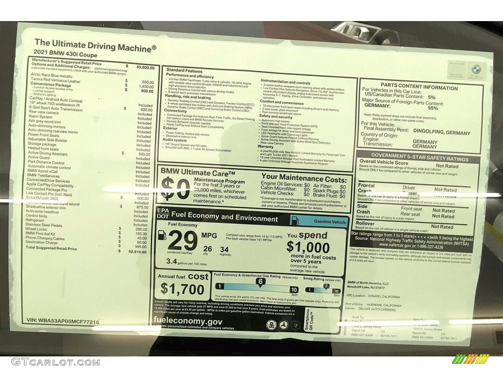2021 BMW 4 Series 430i Coupe Window Sticker Photo #140987439
