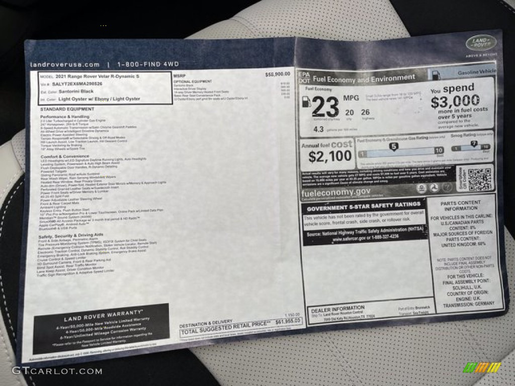 2021 Land Rover Range Rover Velar R-Dynamic S Window Sticker Photo #140988582