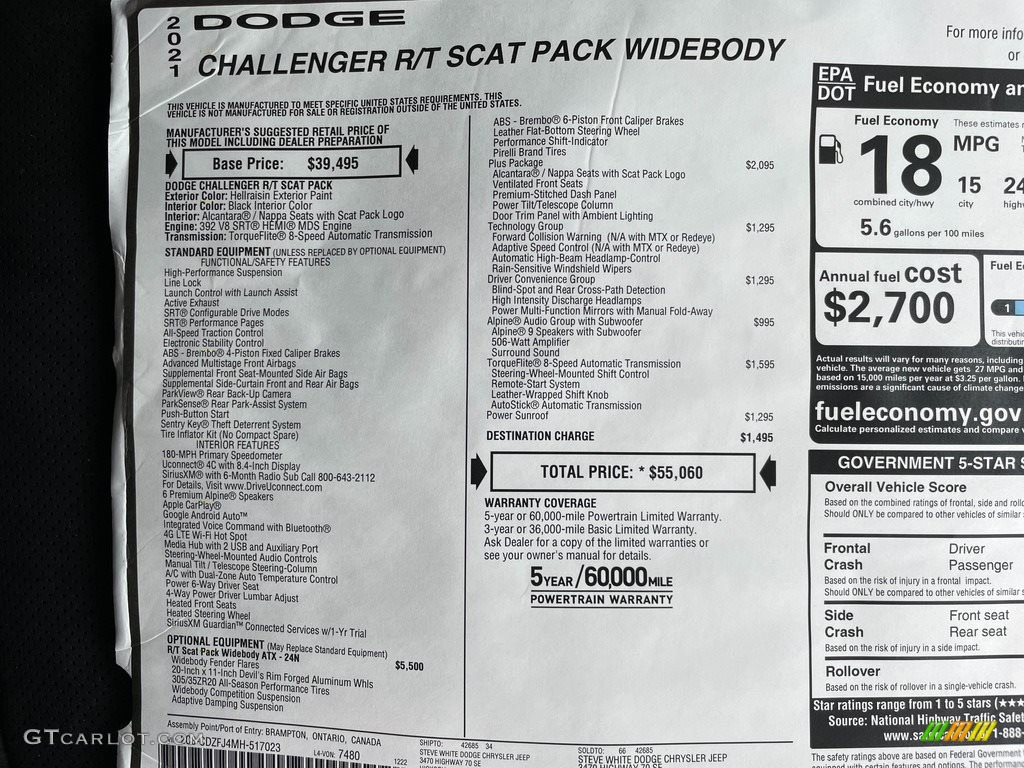 2021 Dodge Challenger R/T Scat Pack Widebody Window Sticker Photo #140993964