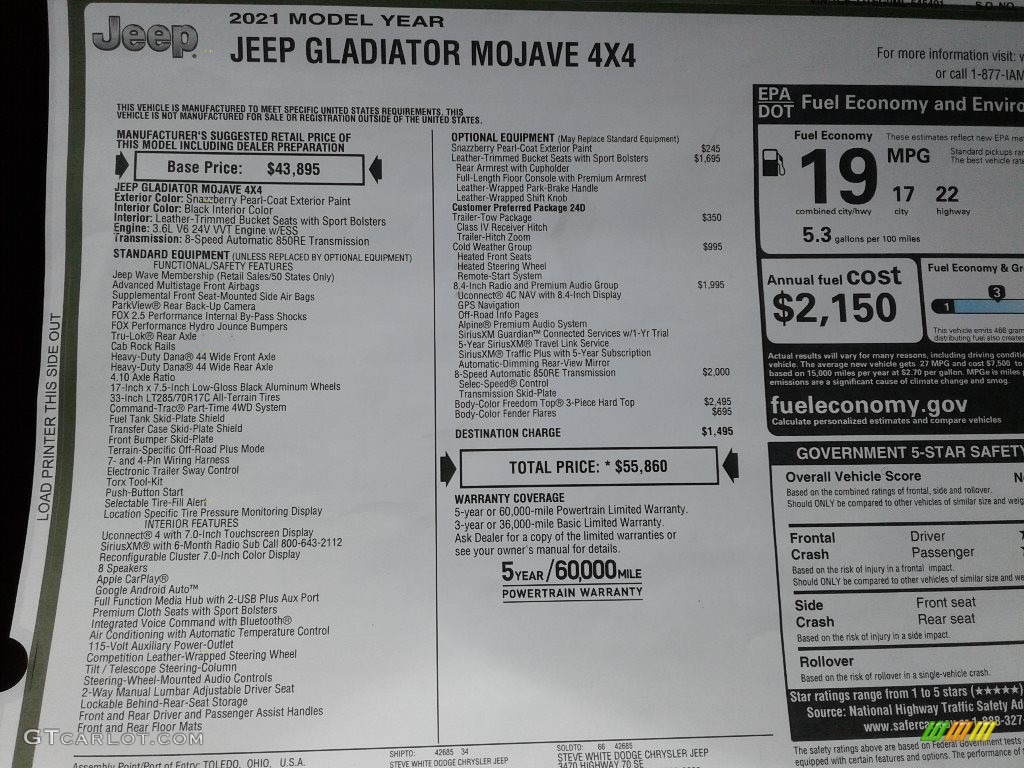 2021 Jeep Gladiator Mojave 4x4 Window Sticker Photo #141015000