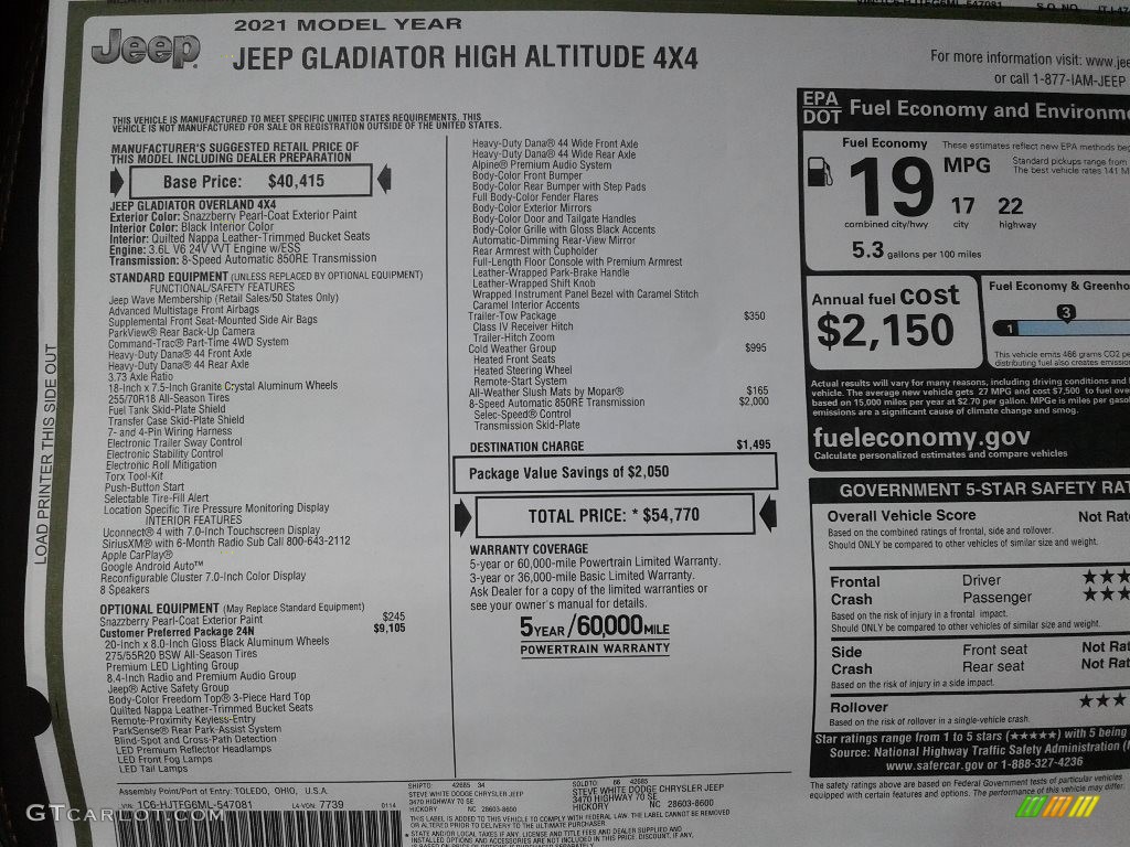 2021 Jeep Gladiator High Altitude 4x4 Window Sticker Photo #141015741