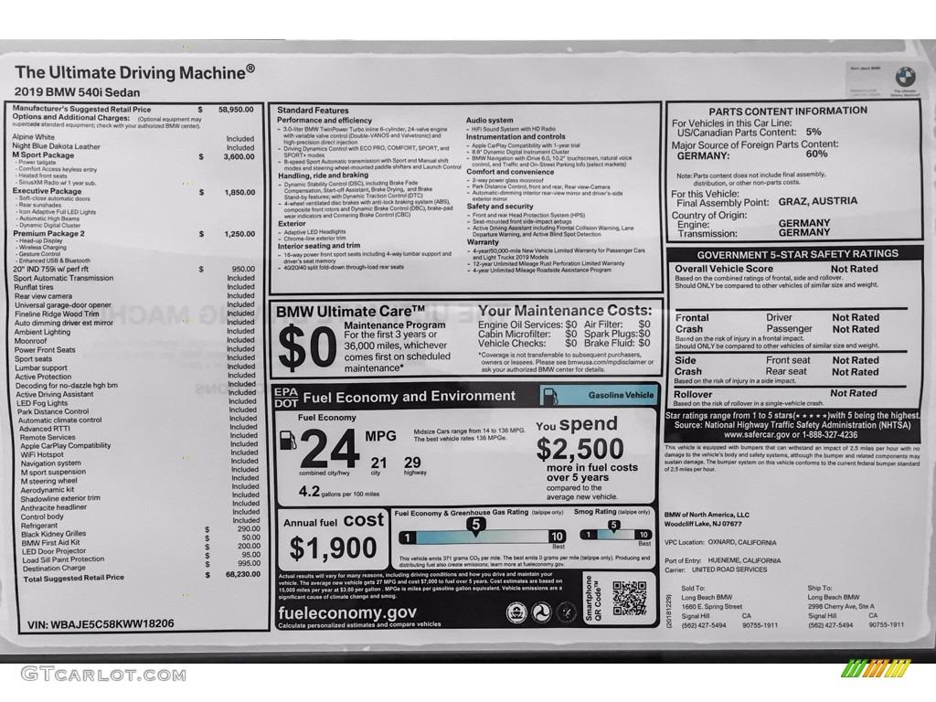 2019 BMW 5 Series 540i Sedan Window Sticker Photos