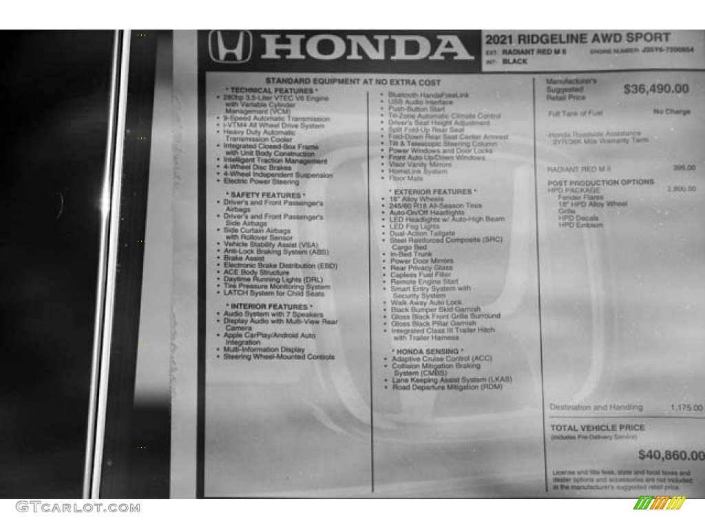 2021 Honda Ridgeline Sport AWD Window Sticker Photos