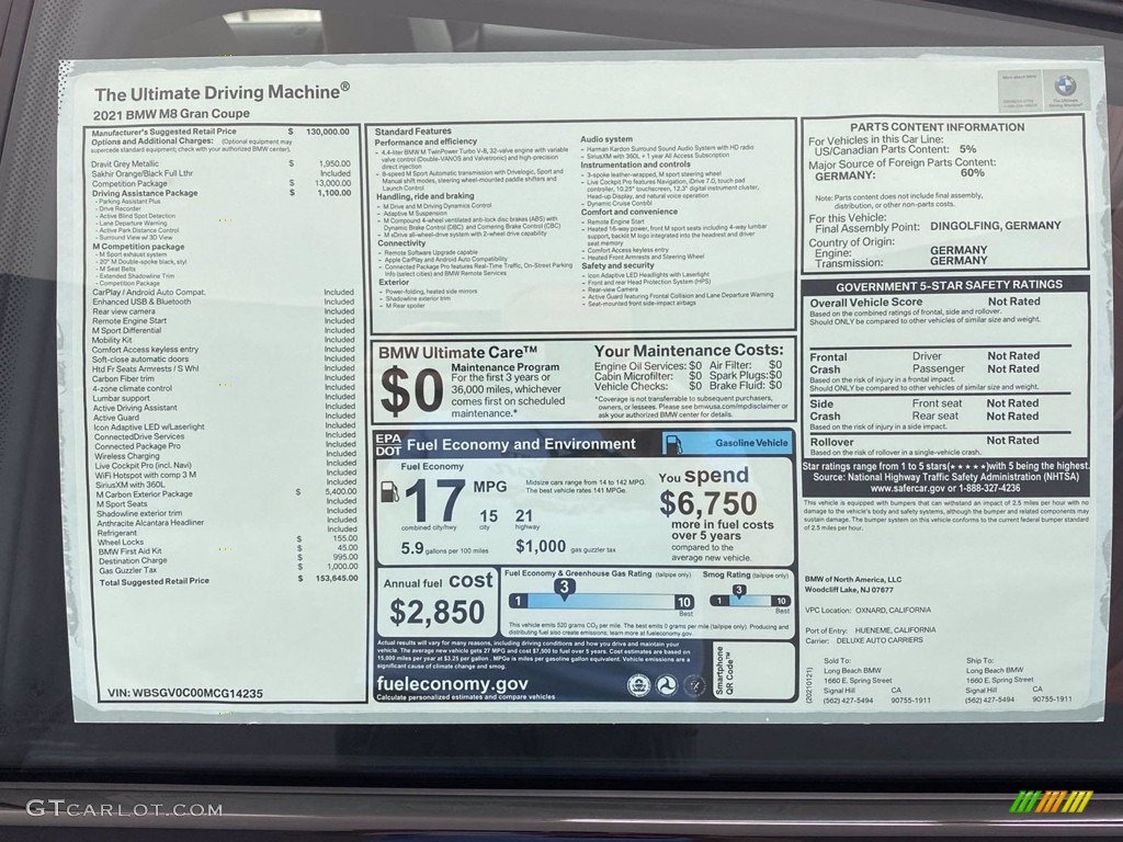 2021 BMW M8 Gran Coupe Window Sticker Photos