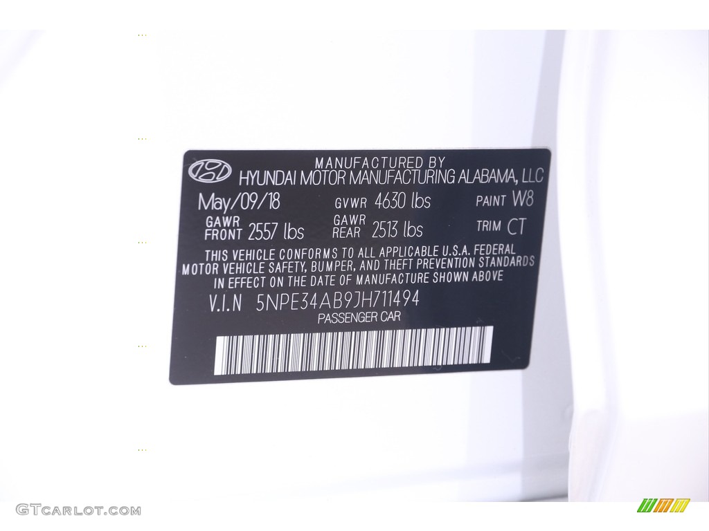 2018 Sonata Color Code W8 for Quartz White Pearl Photo #141044181