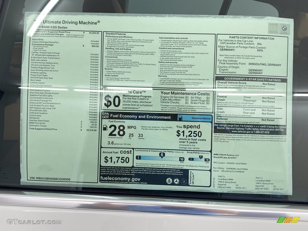 2021 5 Series 530i Sedan - Alpine White / Cognac photo #12