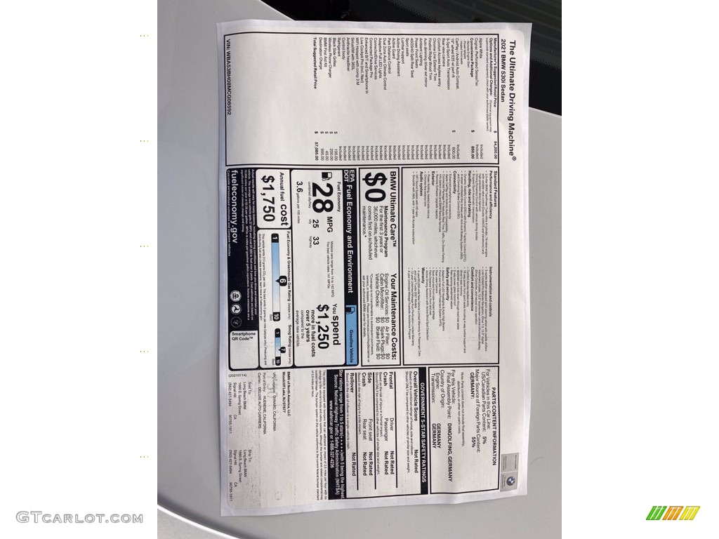 2021 BMW 5 Series 530i Sedan Window Sticker Photo #141047865