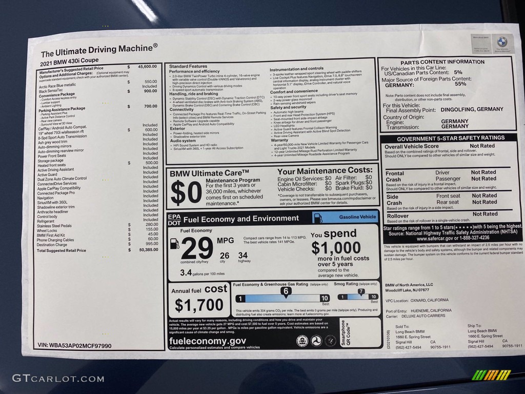 2021 BMW 4 Series 430i Coupe Window Sticker Photo #141053934
