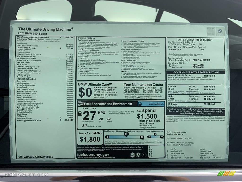 2021 5 Series 540i Sedan - Alpine White / Black photo #2