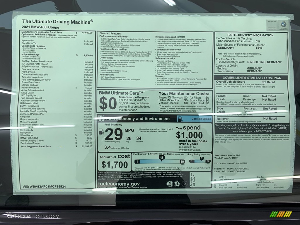 2021 BMW 4 Series 430i Coupe Window Sticker Photo #141059853