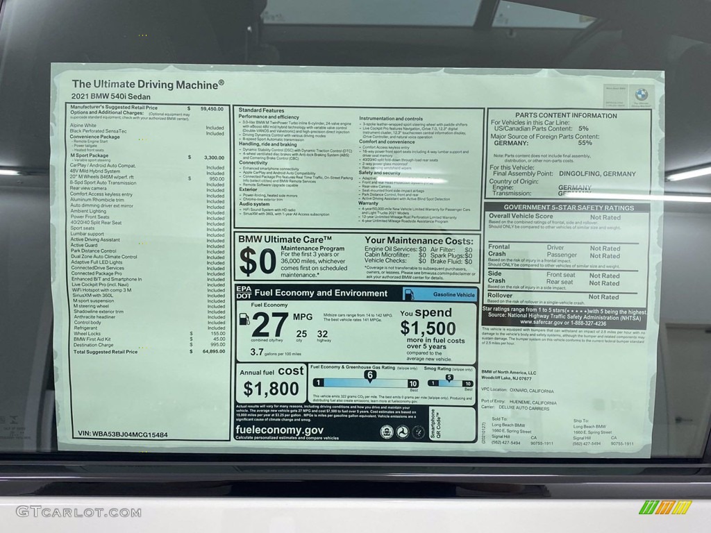 2021 5 Series 540i Sedan - Alpine White / Black photo #12