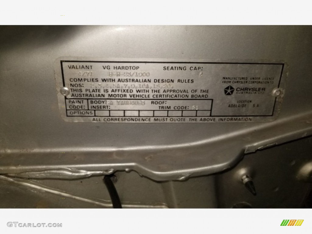 1971 Chrysler Valiant VG Hardtop Info Tag Photos