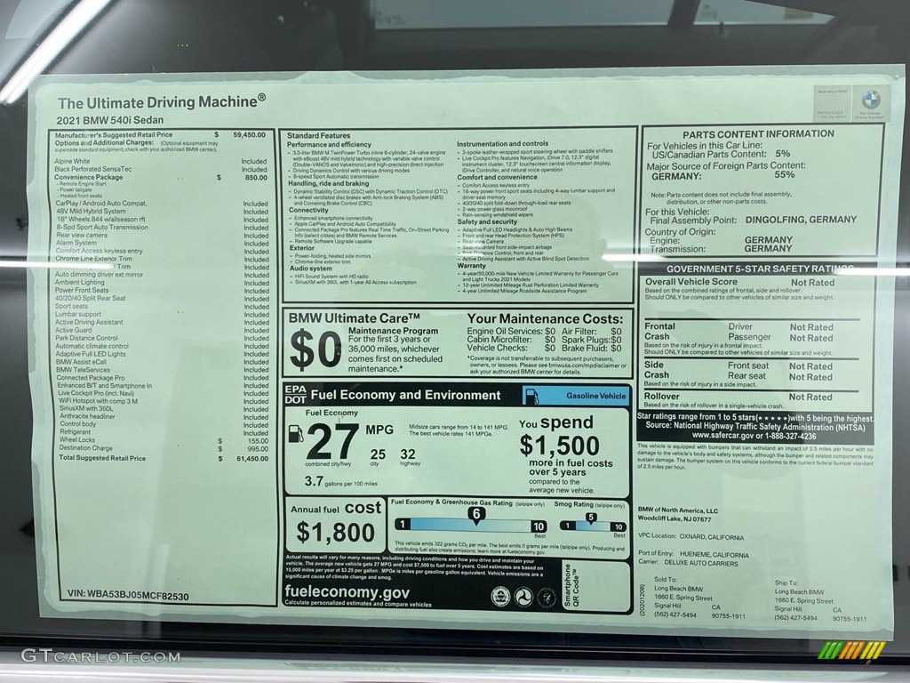 2021 5 Series 540i Sedan - Alpine White / Black photo #10