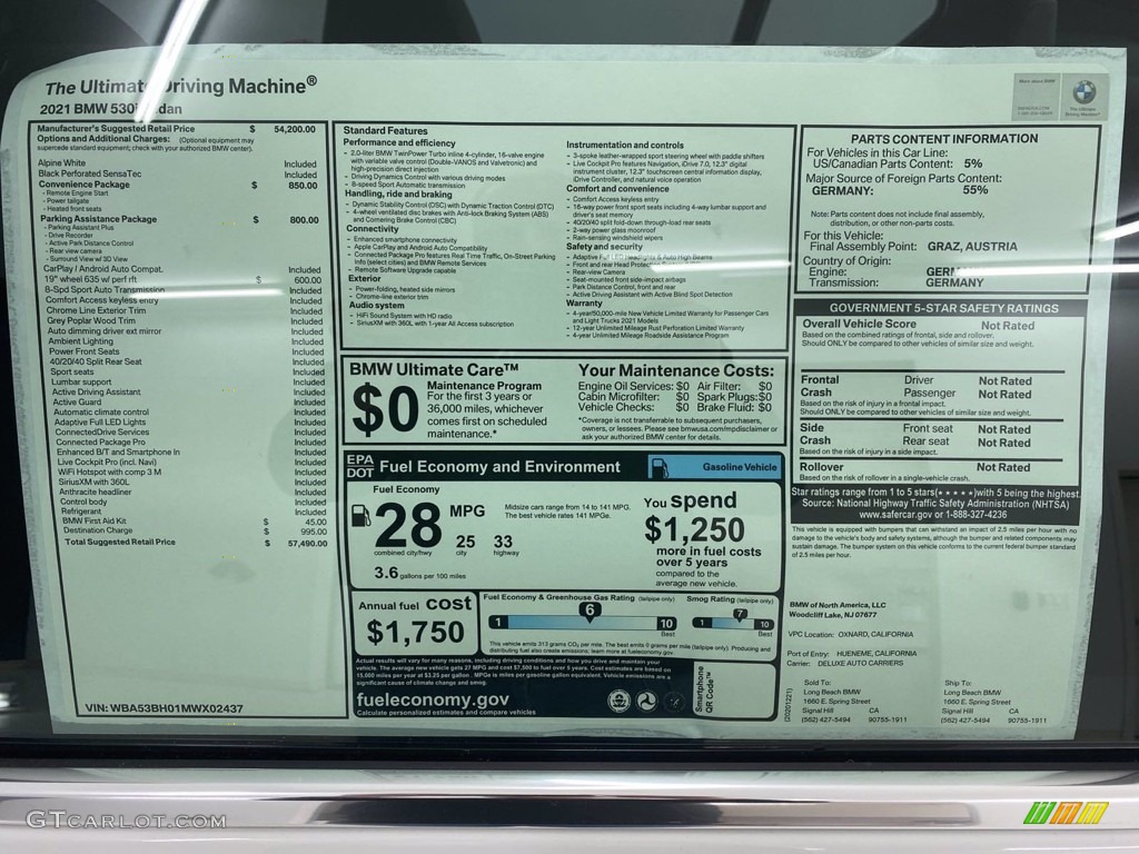 2021 5 Series 530i Sedan - Alpine White / Black photo #14